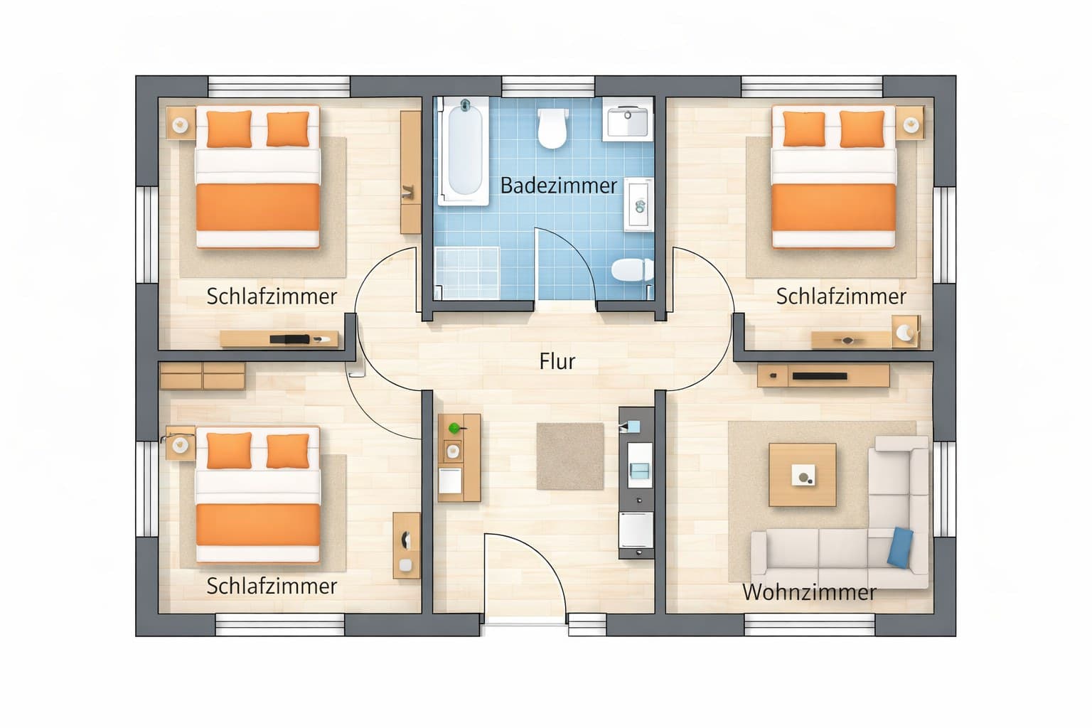 Professionell gerenderter Grundriss derselben Wohnung mit Möbelicons und Raumbezeichnungen