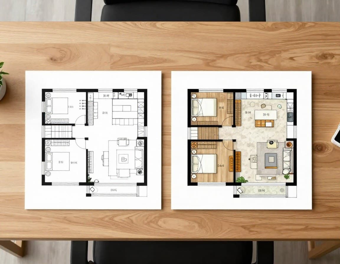 Vergleich verschiedener Grundriss-Qualitätsstufen: Handskizze neben professionell gerendertem Grundriss