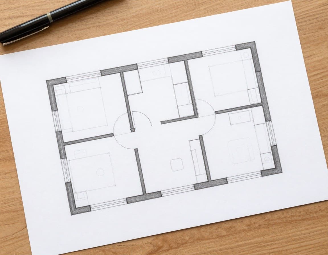 Handgezeichnete Grundriss-Skizze einer 3-Zimmer-Wohnung