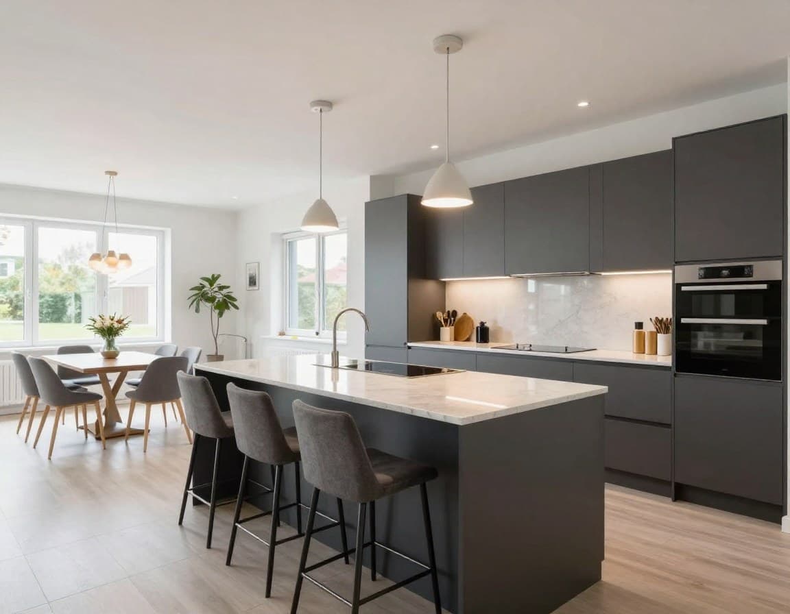 Offene Wohnküche mit Kochinsel in einem deutschen Einfamilienhaus