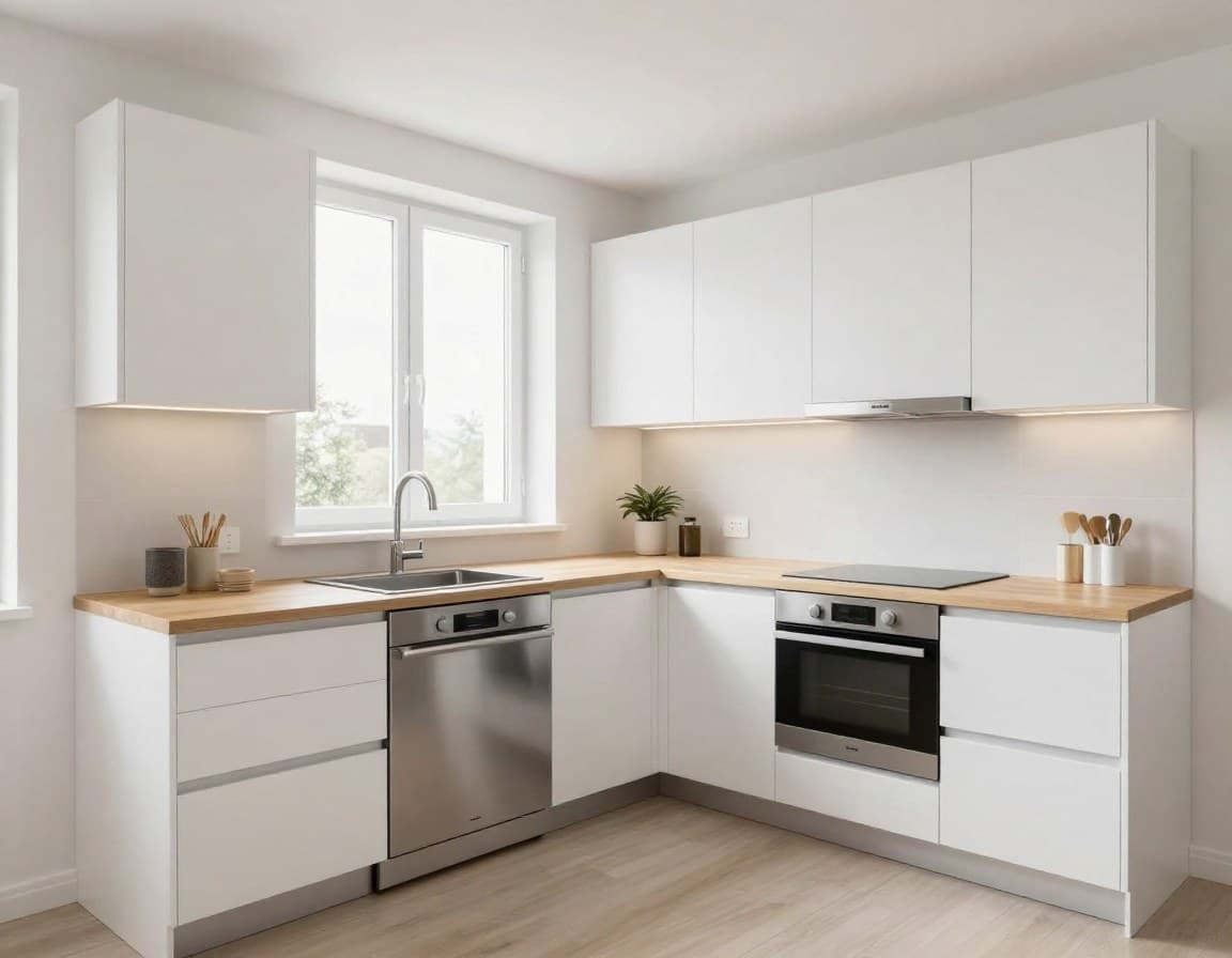 Moderne L-Küche in einer deutschen Wohnung mit hellen Fronten und Holz-Arbeitsplatte