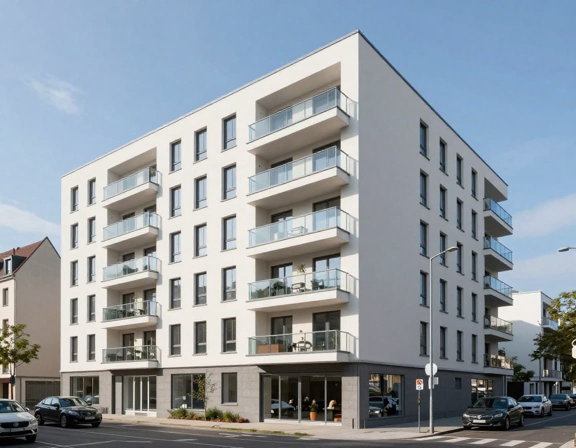 Mehrfamilienhaus Grundriss — modernes deutsches Mehrfamilienhaus mit Balkonen und zeitgenössischer Fassade