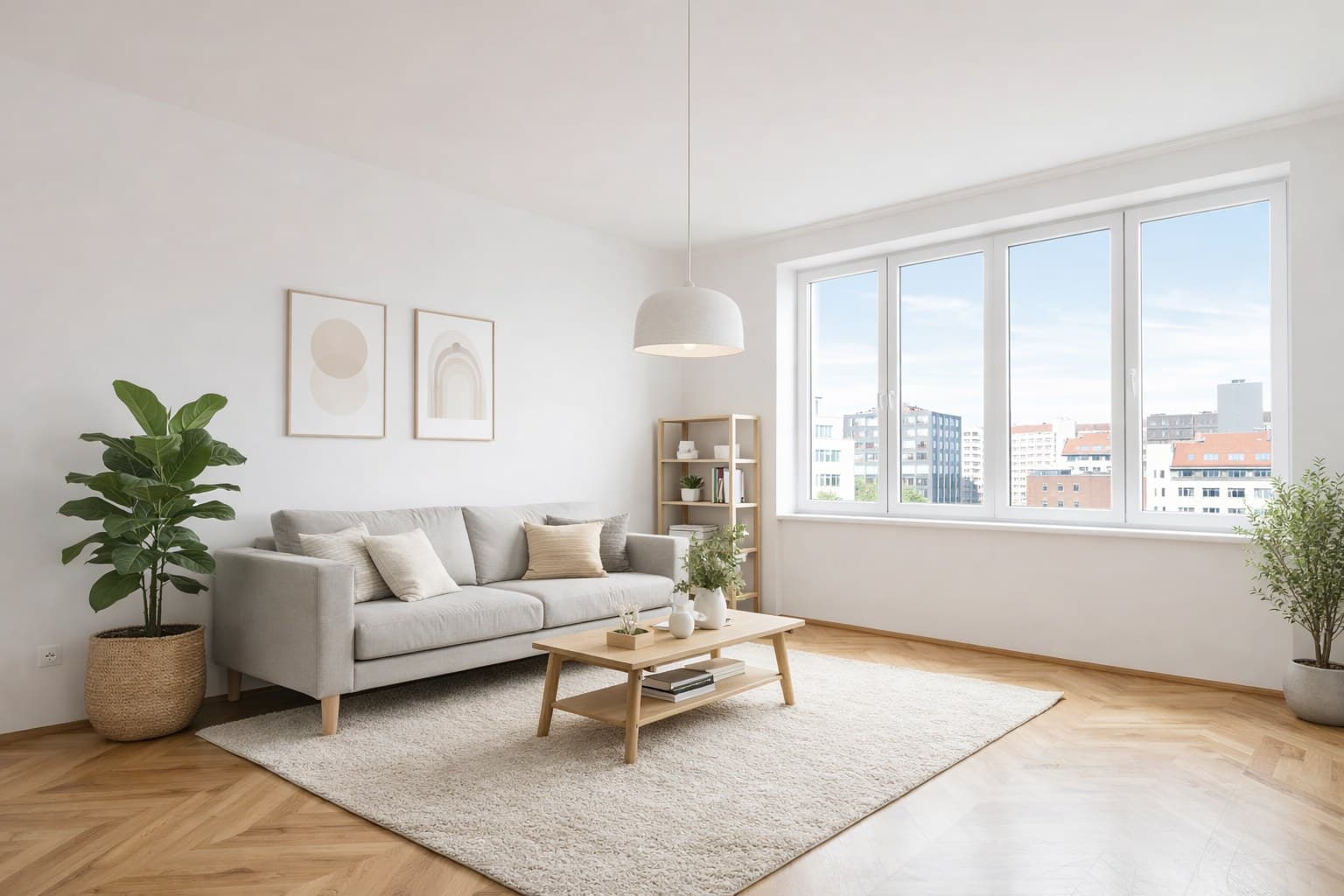 Mehrfamilienhaus Grundriss — virtuell möblierte Mustereinheit mit skandinavischem Staging