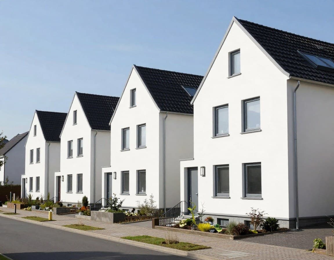 Reihenhaus Grundriss — typische deutsche Reihenhaussiedlung mit verbundenen Häusern, individuellen Eingängen und Vorgärten