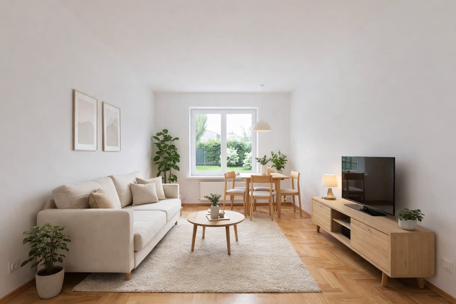 Reihenhaus Grundriss Wohnraum nach KI-basiertem Virtual Staging mit moderner Möblierung