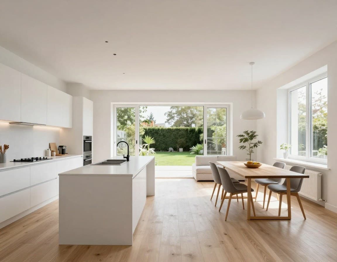 Reihenhaus Grundriss offene Wohnküche — Lichteinfall durch bodentiefe Fenster zur Gartenseite in einem 6 Meter breiten Reihenhaus