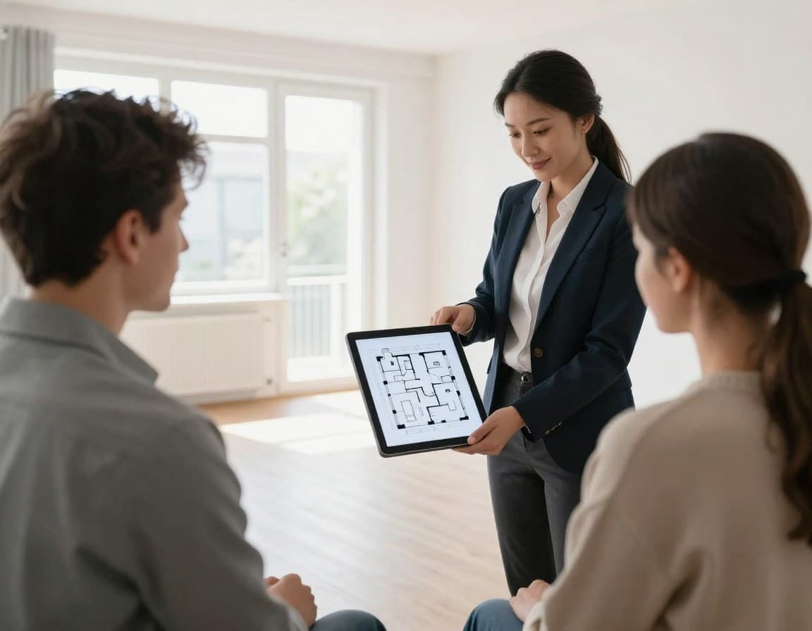 Makler zeigt Käufern einen professionellen Grundriss auf dem Tablet bei einer Besichtigung