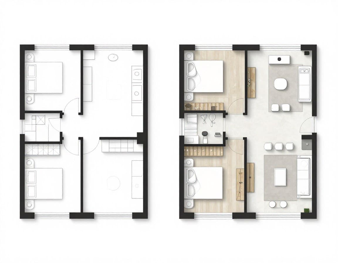Vergleich: generische Grundriss-Vorlage links vs. professioneller KI-Grundriss rechts