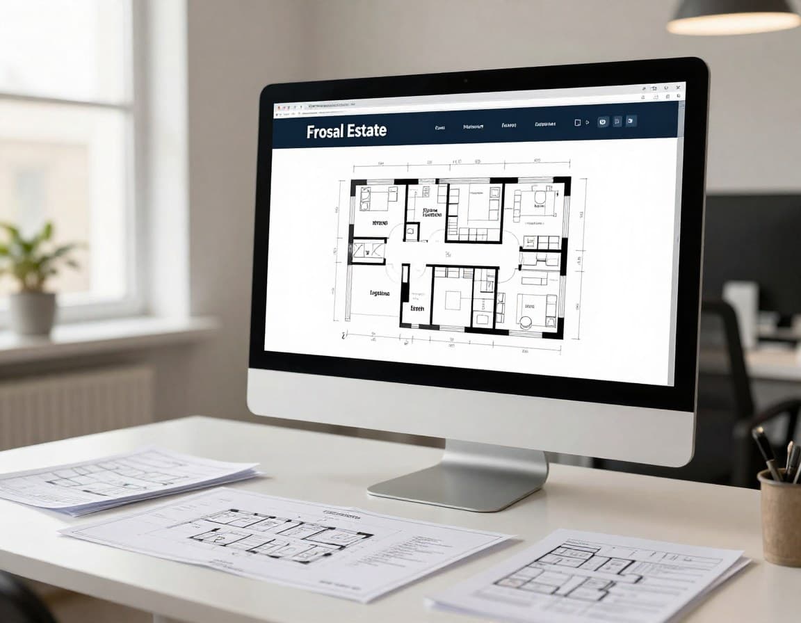 Professioneller Grundriss auf Bildschirm in einem Maklerbüro