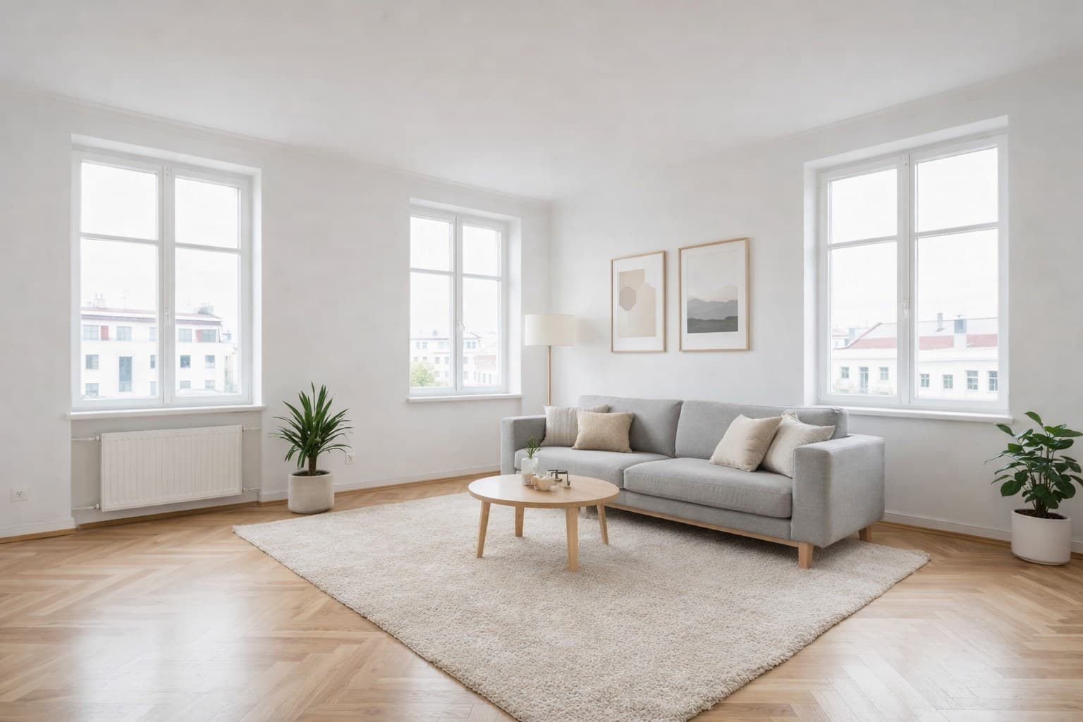 Wohnzimmer Grundriss — virtuell möblierter Raum nach dem KI-Staging mit skandinavischem Stil