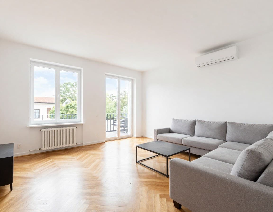 Wohnzimmer Grundriss — helles modernes Wohnzimmer mit großen Fenstern in europäischer Stadtwohnung