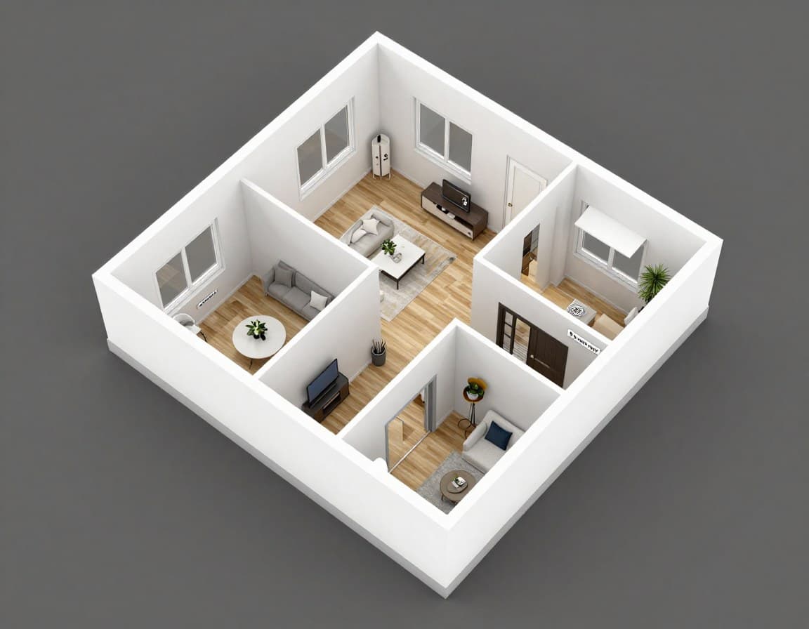 3D-Grundriss einer modernen 3-Zimmer-Wohnung mit Möbeln und realistischer Beleuchtung