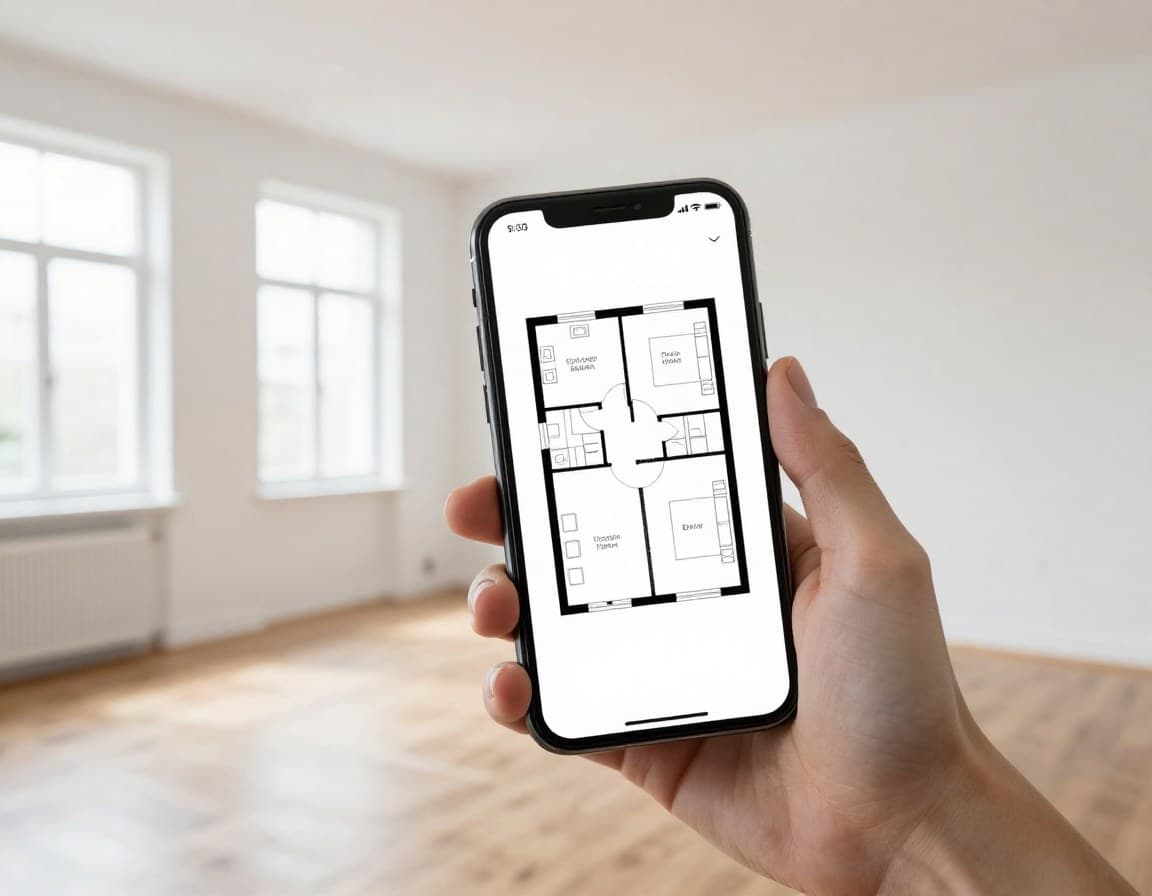 Smartphone mit Grundriss-App zeigt einen digitalen Raumplan in einer leeren Wohnung