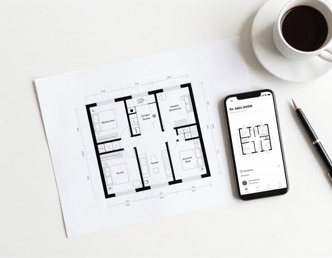 Professioneller Grundriss auf Schreibtisch neben Smartphone mit Grundriss-App