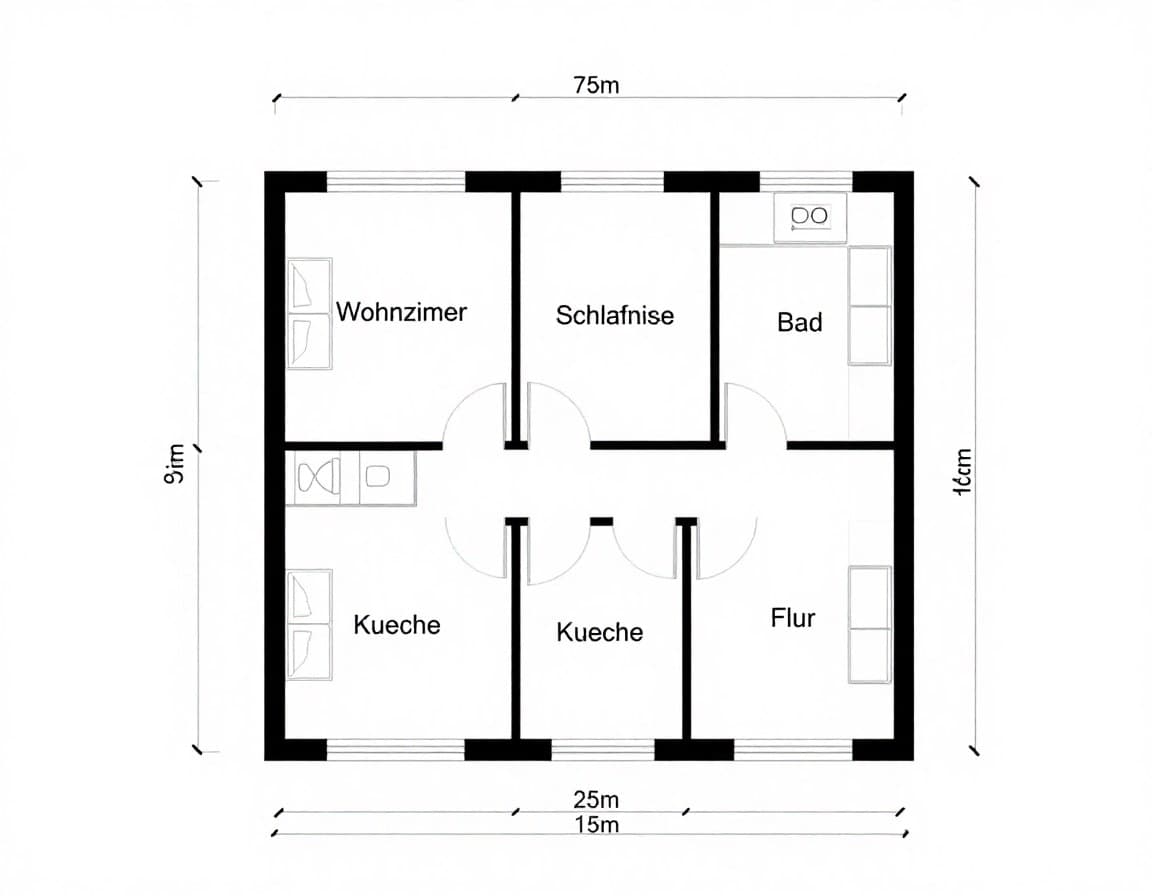 Fertiger KI-Grundriss einer 3-Zimmer-Wohnung mit Raumbezeichnungen und Maßen