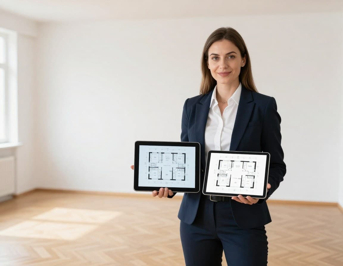Immobilienmakler prüft einen KI-generierten Grundriss auf dem Tablet