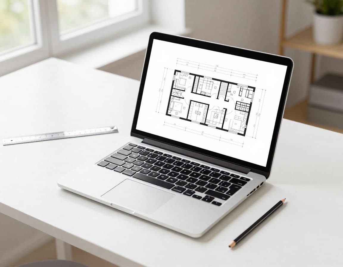 Laptop mit kostenloser Grundriss-Software -- Floorplanner oder RoomSketcher geoeffnet