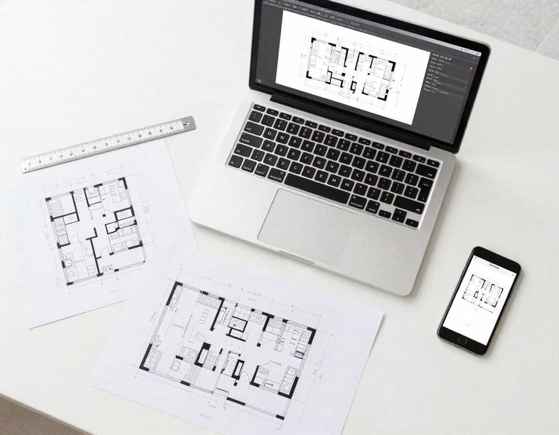 Schreibtisch mit Laptop, gedruckten Grundrissen und Smartphone -- Grundriss-Tools im Vergleich