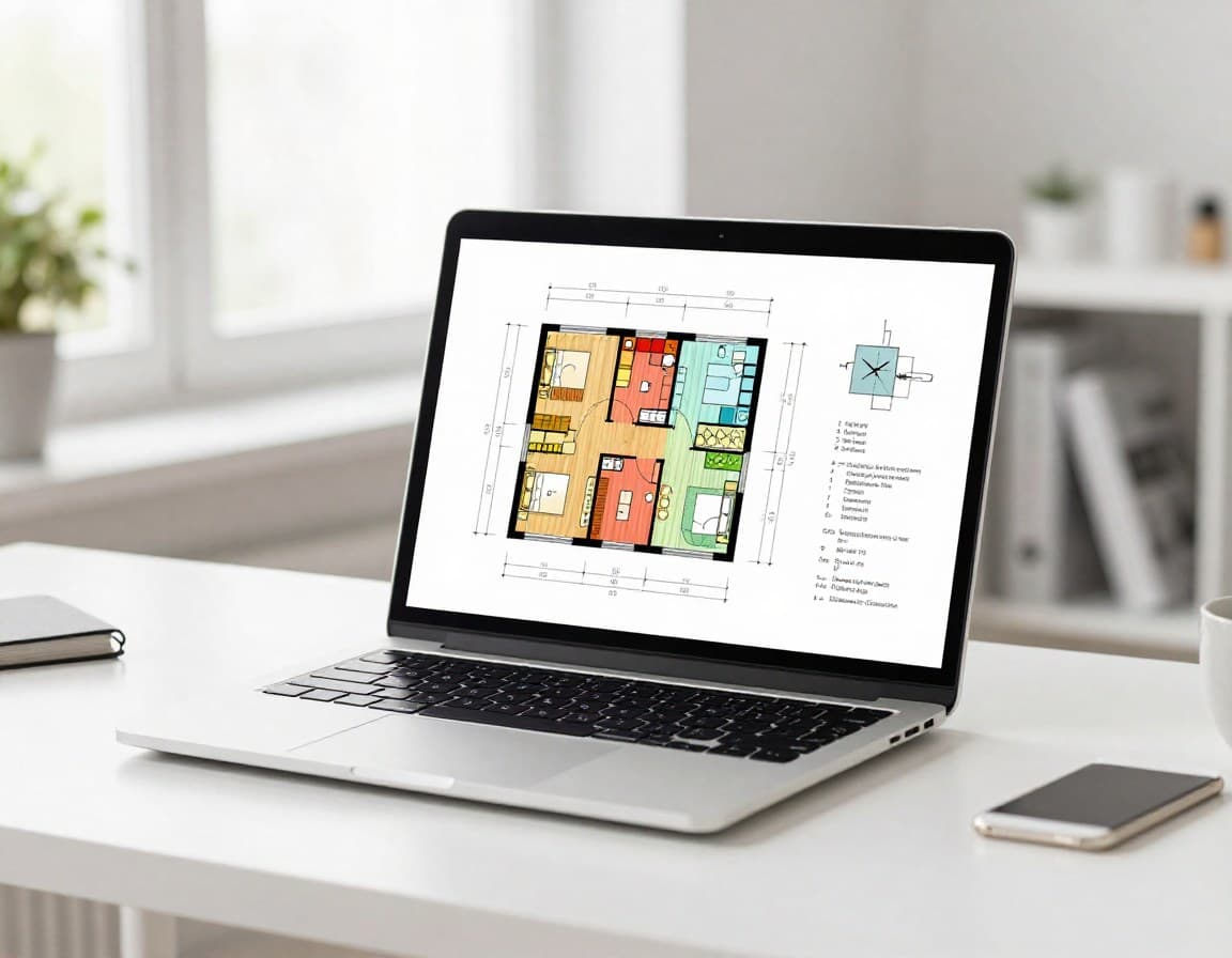 Laptop zeigt einen Grundriss in einem Online-Browser-Tool — kein Download nötig