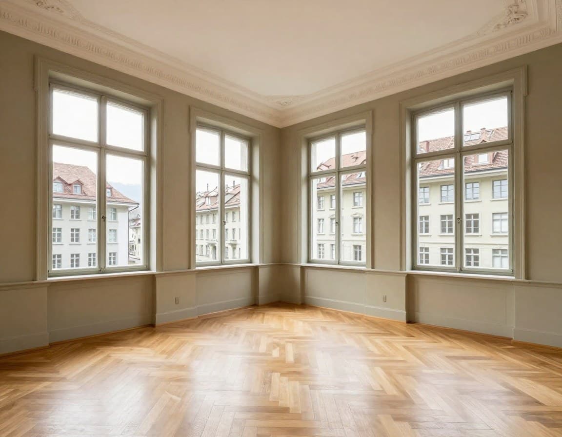 Helle leere Wohnung in Berner Altbau mit hohen Decken und Fischgraetparkett