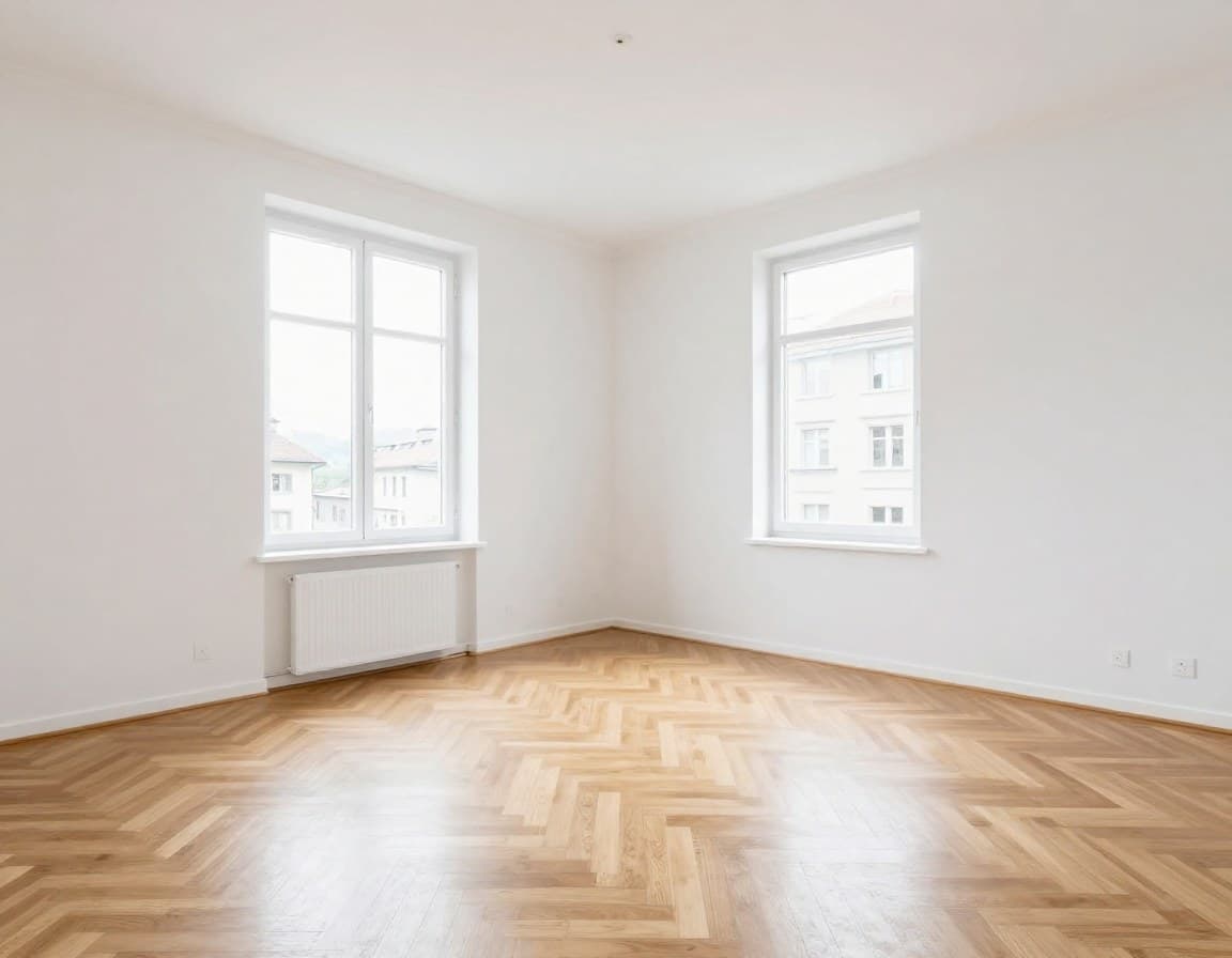 Leere Berner Wohnung vor Virtual Staging mit Parkett und weissen Waenden