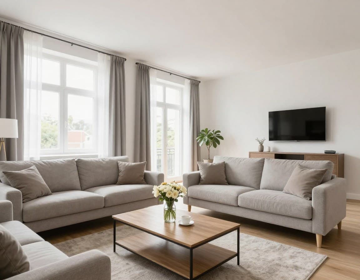 Aufgeräumtes, helles Wohnzimmer bereit für Home Staging — neutral und einladend
