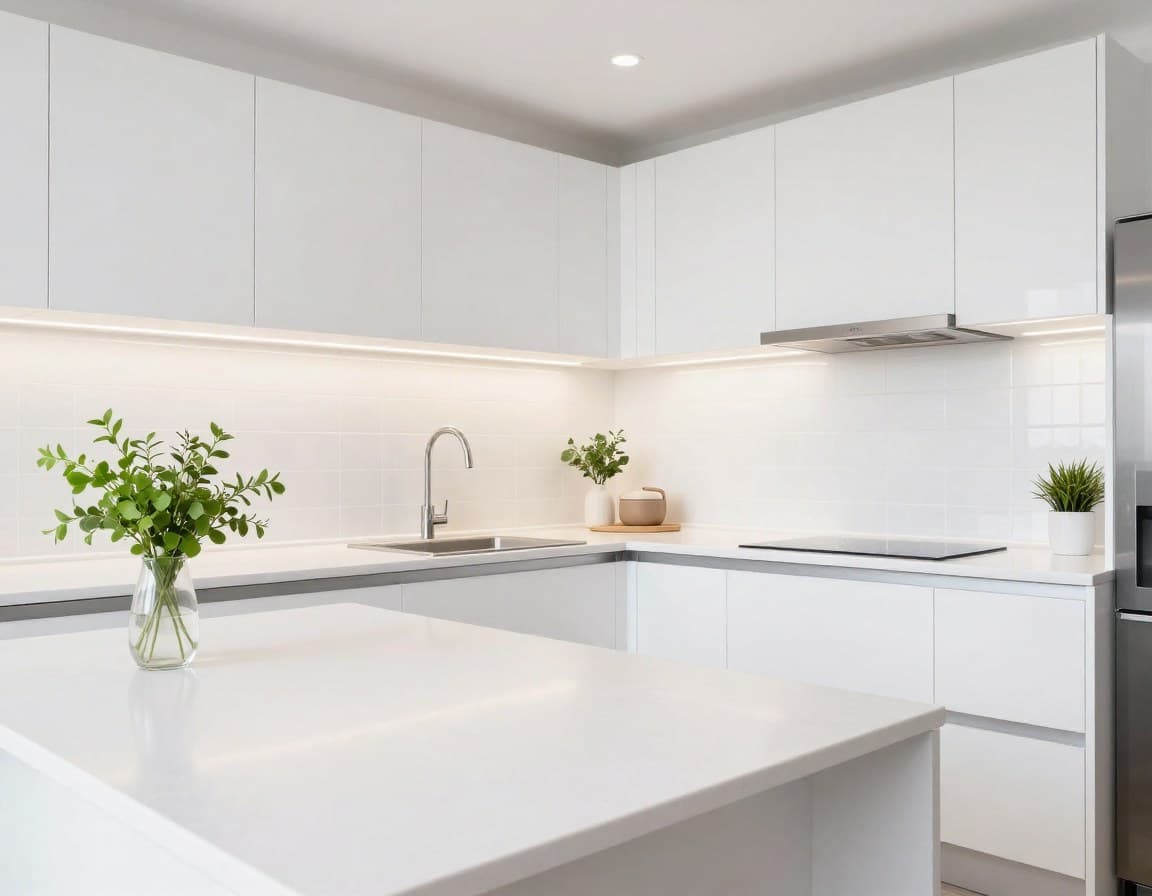 Saubere, aufgeräumte Küche vorbereitet für Home Staging — klare Arbeitsflächen, frische Kräuter