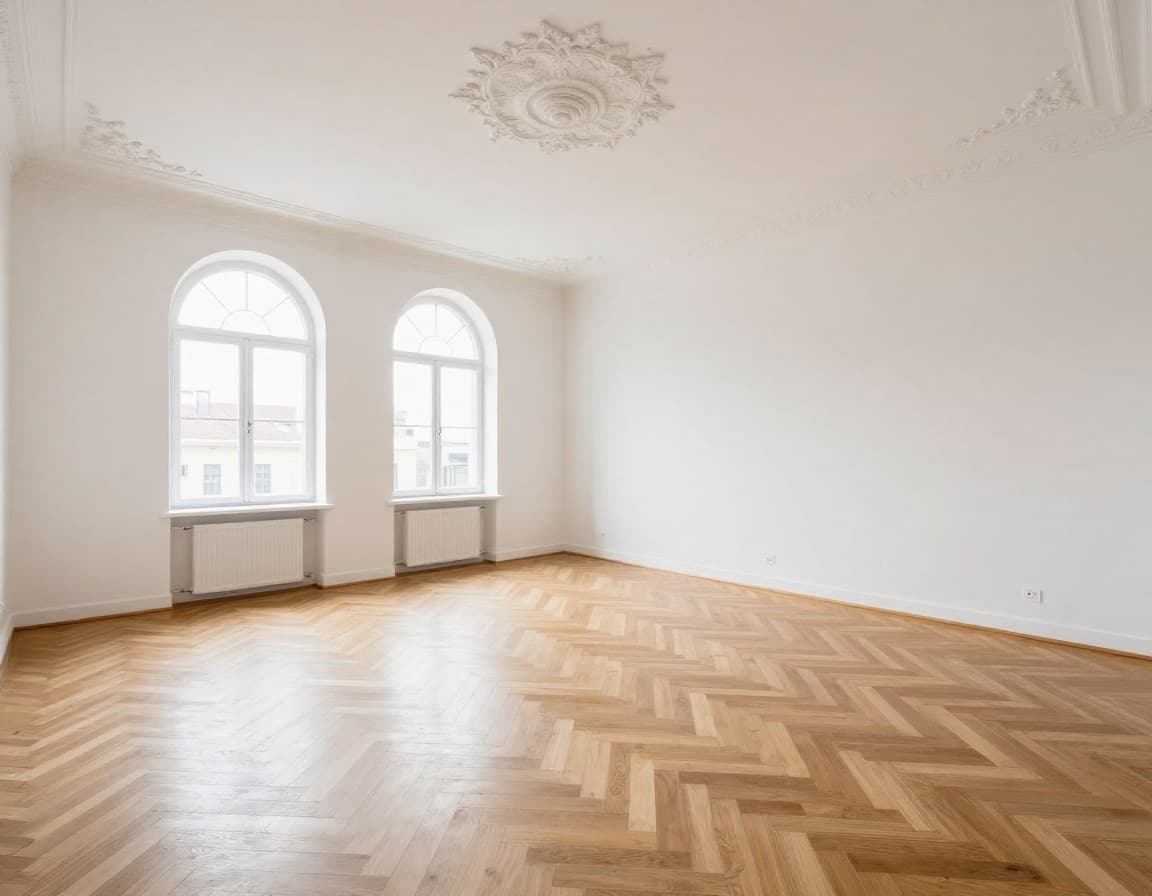 Leere Dresdner Gründerzeit-Wohnung mit Stuckdecke und Fischgrätparkett vor Virtual Staging