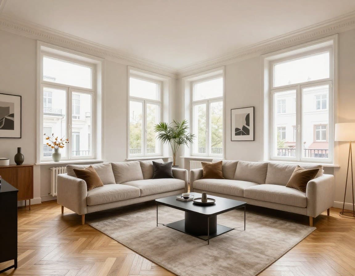 Gestyltes Wohnzimmer in einer Düsseldorfer Altbauwohnung mit hohen Decken und modernem Mobiliar