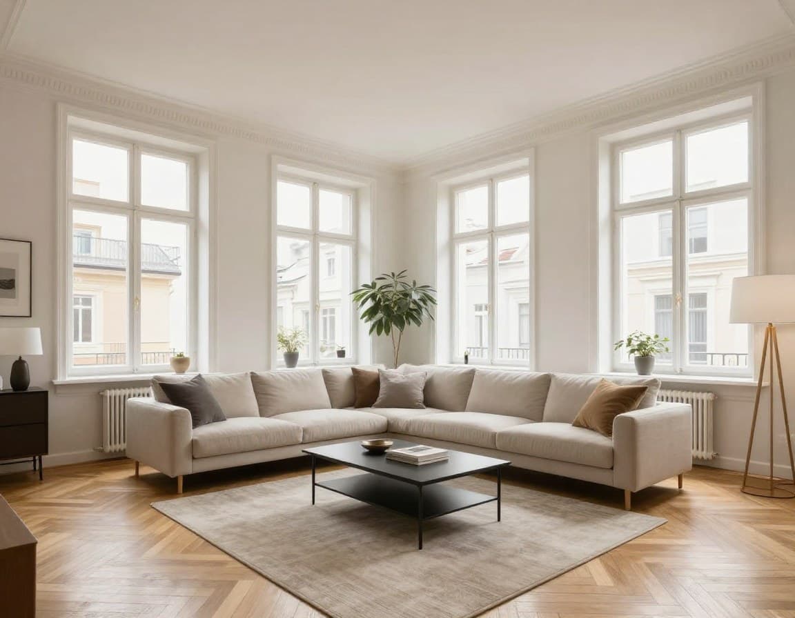Gestyltes Wohnzimmer in einer Frankfurter Altbauwohnung mit Parkettboden und modernem Mobiliar
