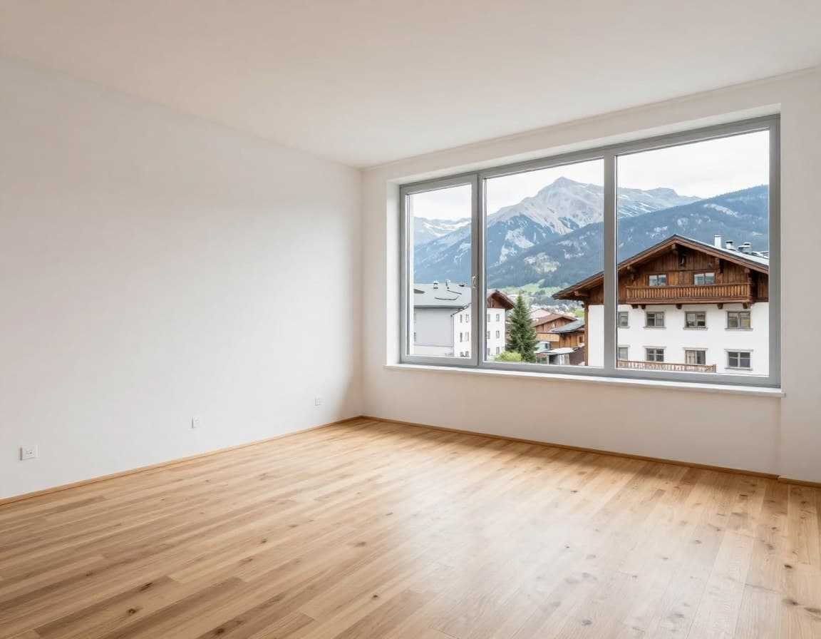 Leere Wohnung in Innsbruck mit Blick auf die Nordkette — bereit für Virtual Staging