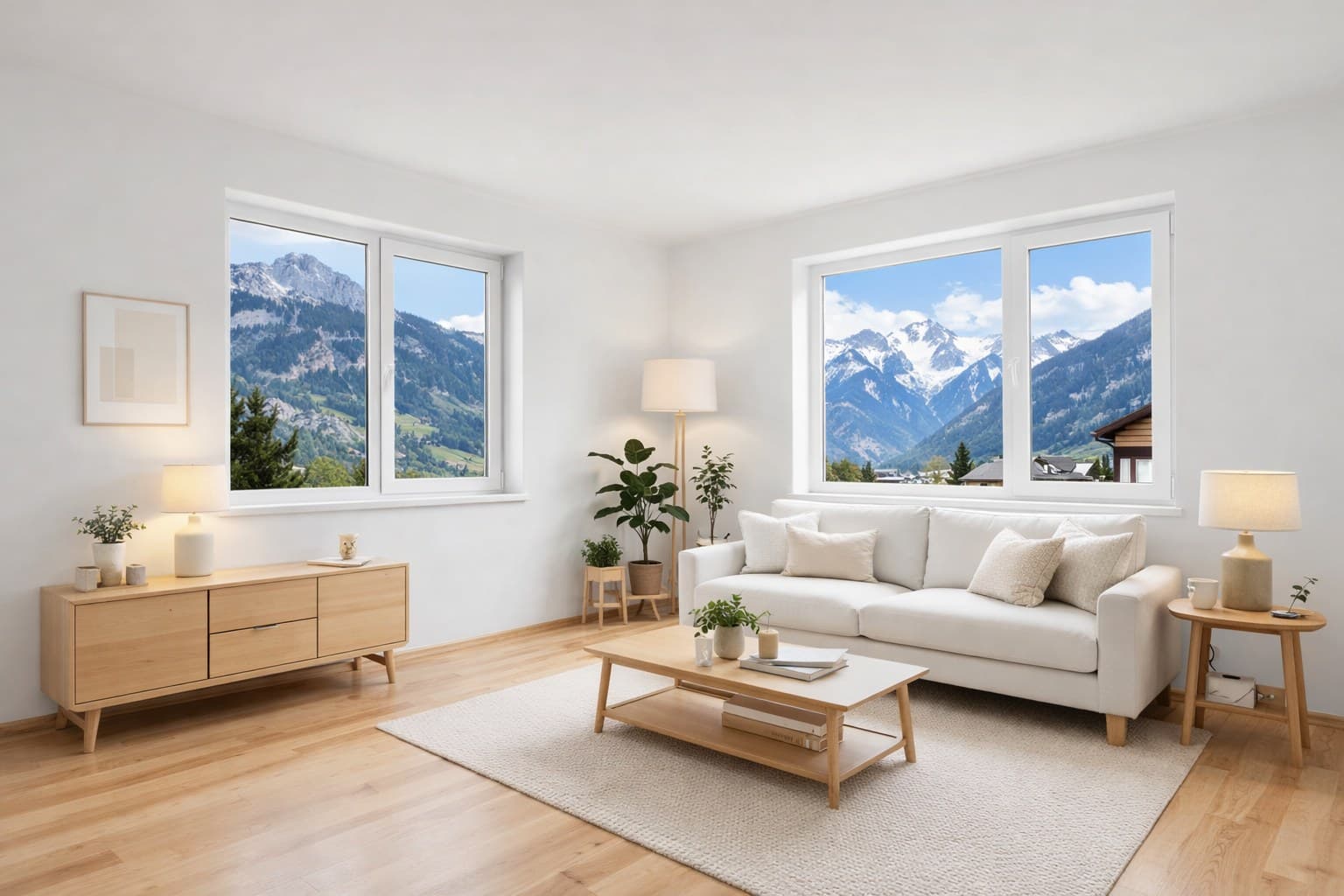 Innsbrucker Wohnzimmer nach Virtual Staging im skandinavischen Stil mit Bergpanorama