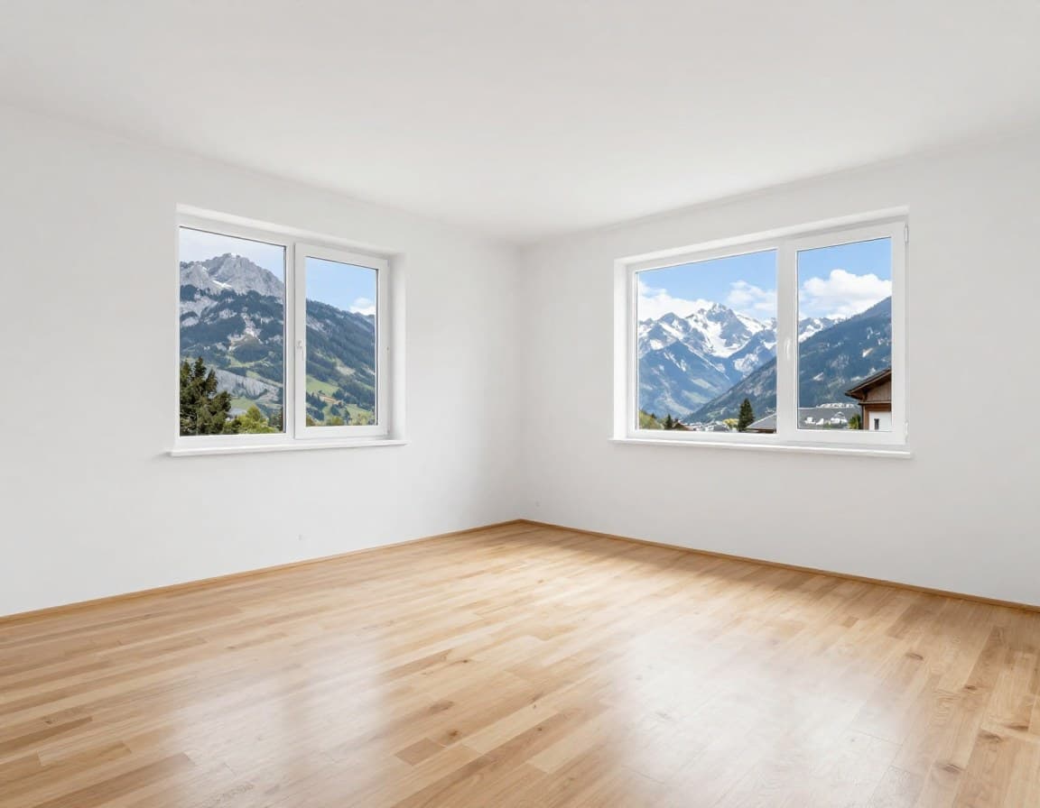 Leeres Wohnzimmer in Innsbrucker Wohnung vor Virtual Staging mit Bergblick