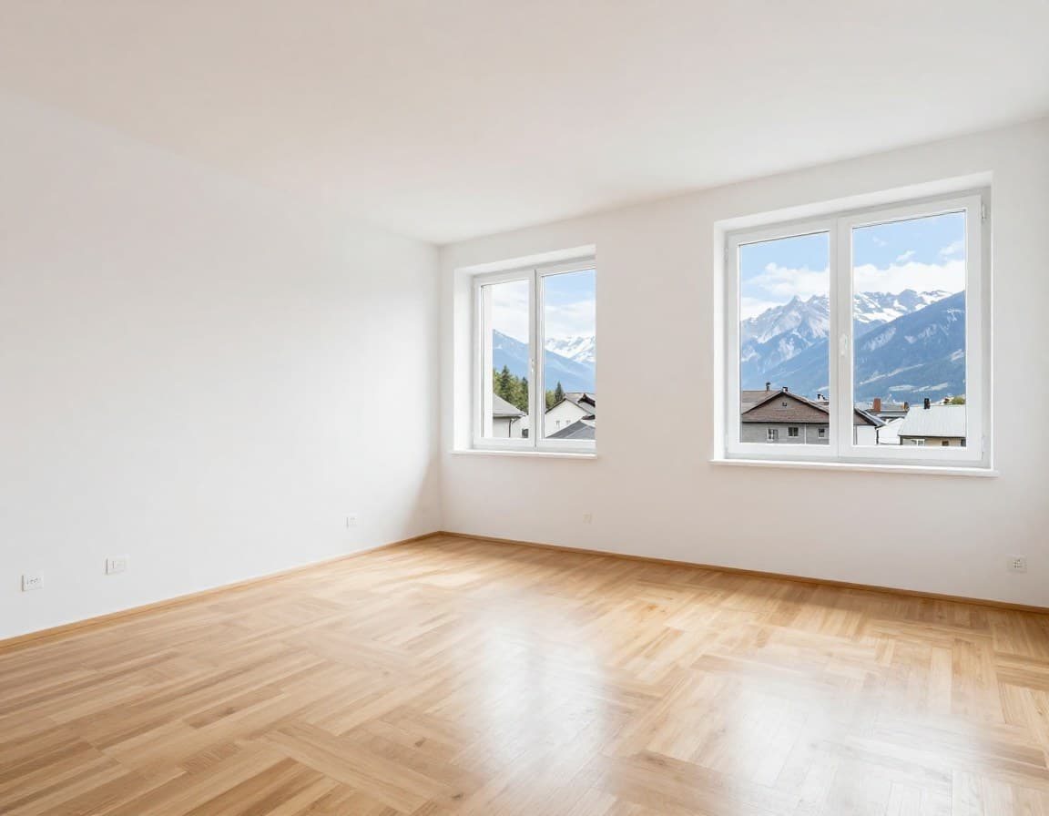 Leeres Wohnzimmer in moderner Innsbrucker Wohnung — ideale Ausgangslage für Virtual Staging