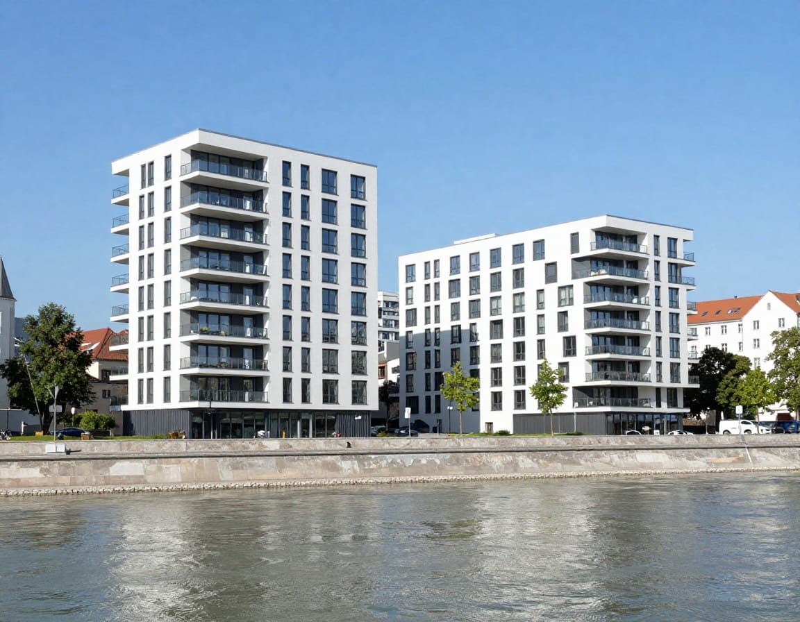 Linz Immobilienmarkt 2026 — moderne Wohnanlage am Donauufer, typisch für die drittgrößte österreichische Stadt