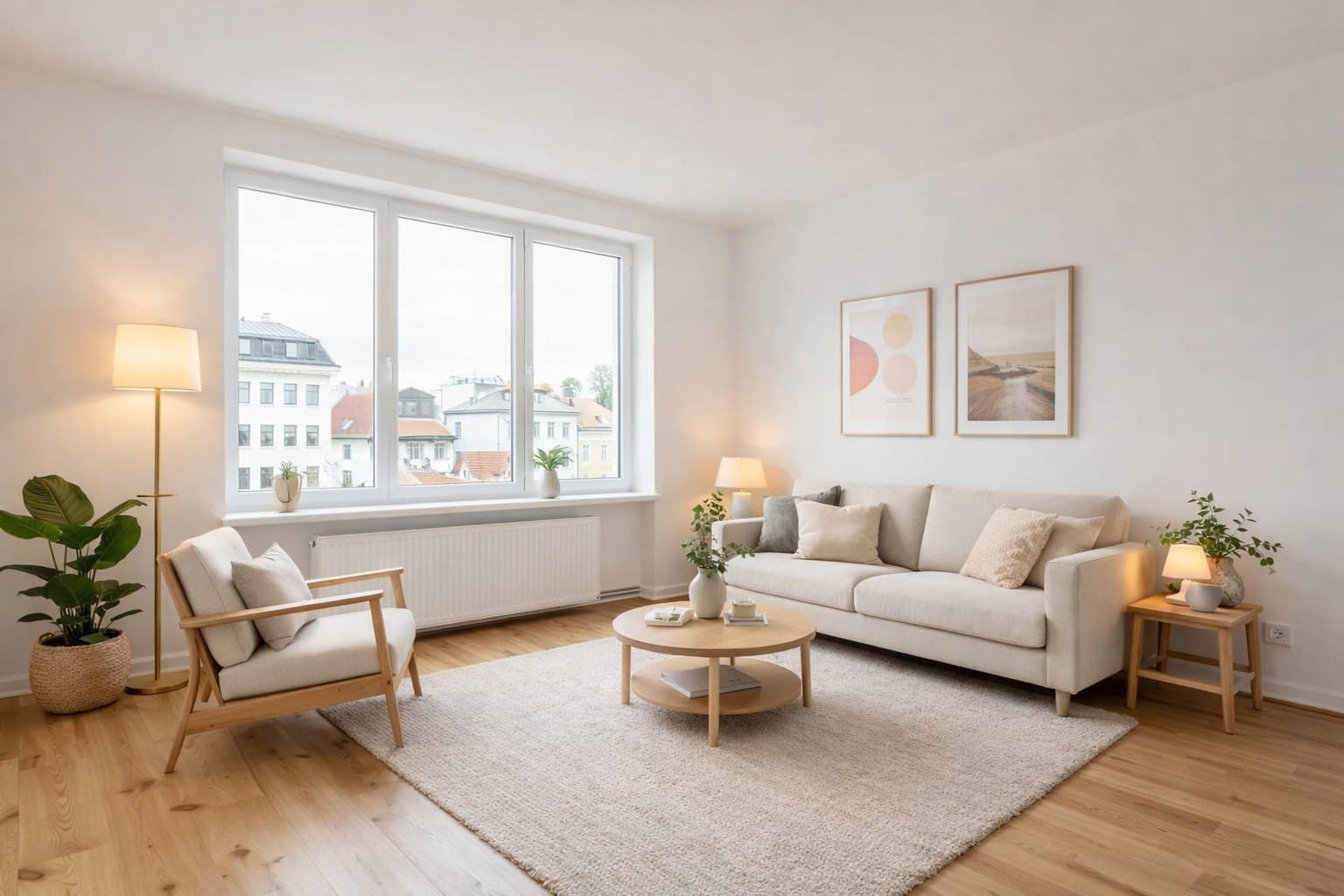 Linzer Wohnung nach Virtual Staging — skandinavisch möbliert, Sofa, Pflanzendekoration, warmes Licht