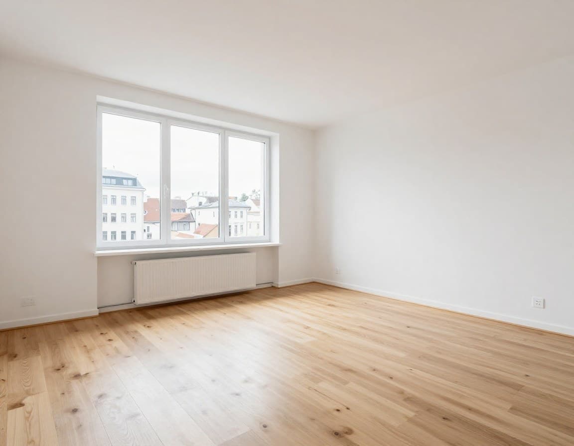 Leere Linzer Wohnung vor Virtual Staging — modernes Apartment mit Stadtblick, Holzboden, weiße Wände
