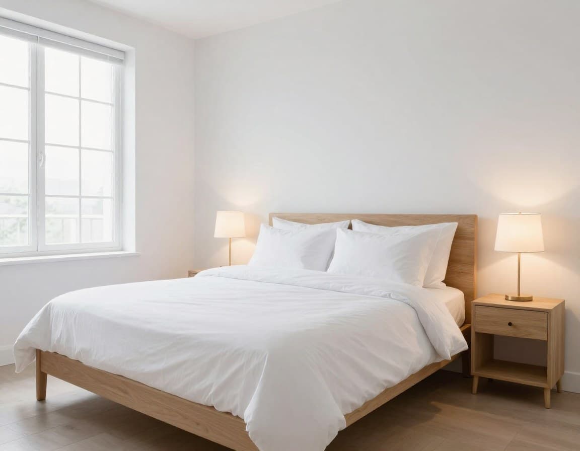 Professionell gestag­tes Schlafzimmer im skandinavischen Stil — weiße Bettwäsche, symmetrische Nachttische, warme Beleuchtung