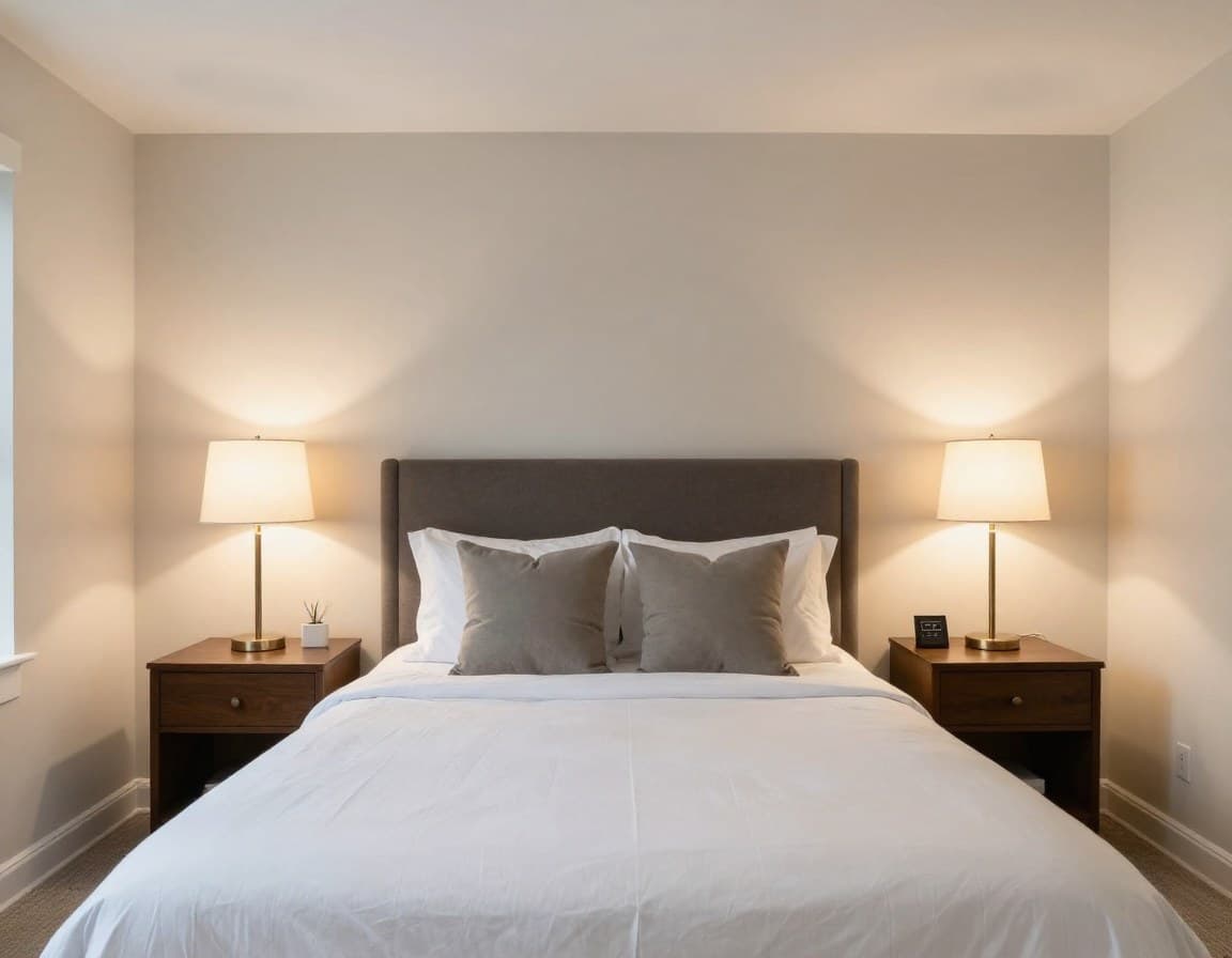 Symmetrisches Schlafzimmer-Staging mit identischen Nachttischen auf beiden Seiten des Doppelbetts
