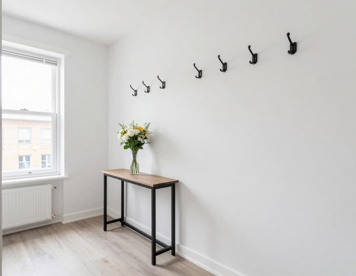 Eingangsbereich einer Wohnung: aufgeräumt, helle Wände, frische Blumen, einladend