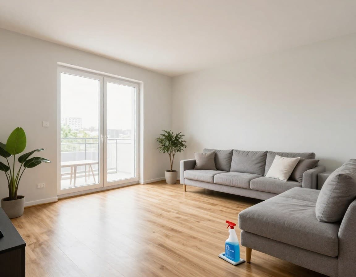 Wohnzimmer wird für den Verkauf vorbereitet: Helle Wände, Pflanzen, neutrale Dekoration