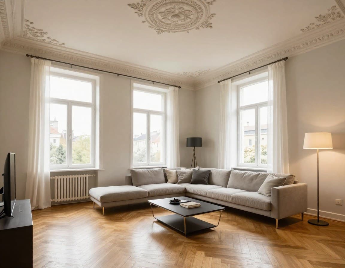 Gestagtes Altbau-Wohnzimmer mit Stuck und modernen Möbeln in Stuttgart