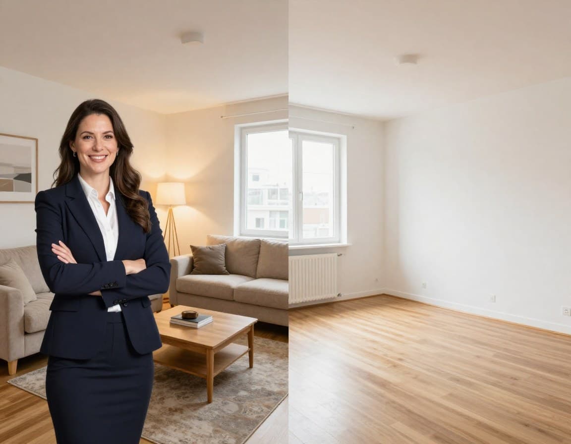 Vergleich physisches und virtuelles Home Staging — links möbliert, rechts leer