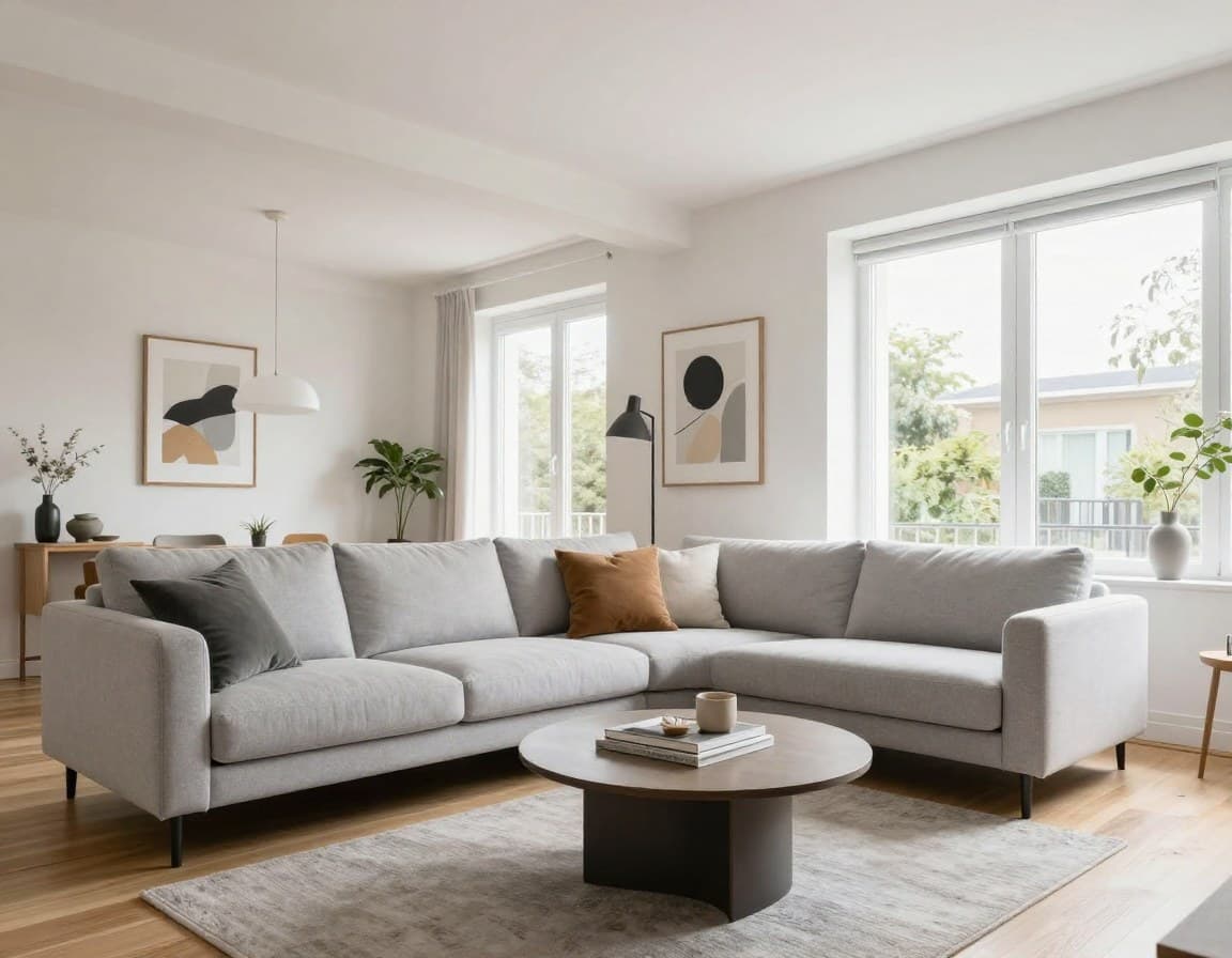 Virtual Staging Ergebnis — modern möbliertes Wohnzimmer mit skandinavischem Stil