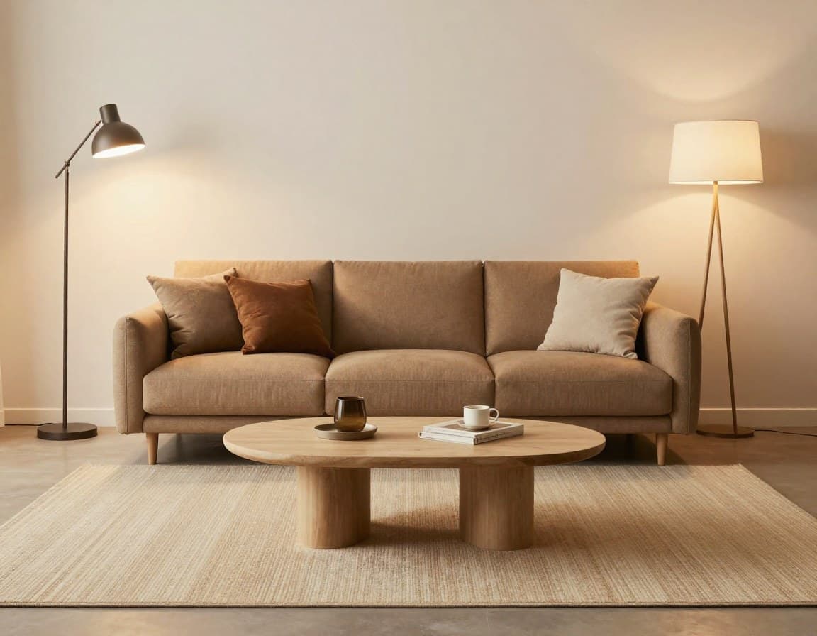 Wohnzimmer Ankerpunkt-Setup: Sofa als Mittelpunkt, runder Couchtisch, mehrlagiger Teppich, drei Lichtquellen im Japandi-Stil
