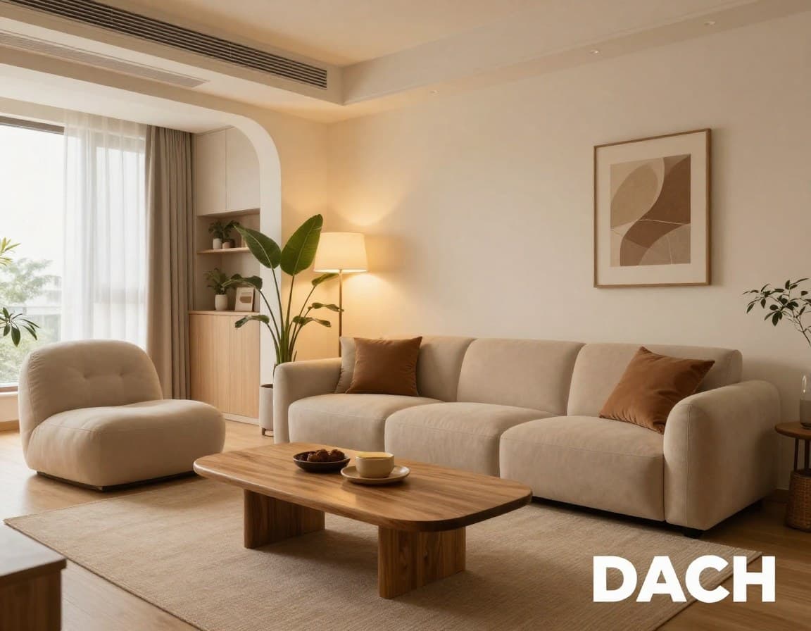 Professionell gestagtes Wohnzimmer im Japandi-Stil mit warmen Erdtönen, organischem Sofa und indirekter Beleuchtung