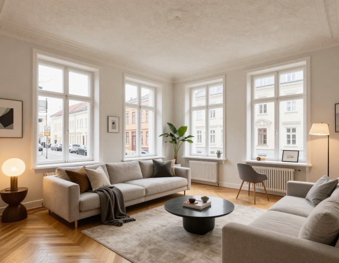 Stilvolles Berliner Altbau-Wohnzimmer mit Stuckdecke, Parkett und Berliner Stadtblick — typisches Premium-Objekt im Charlottenburg-Segment