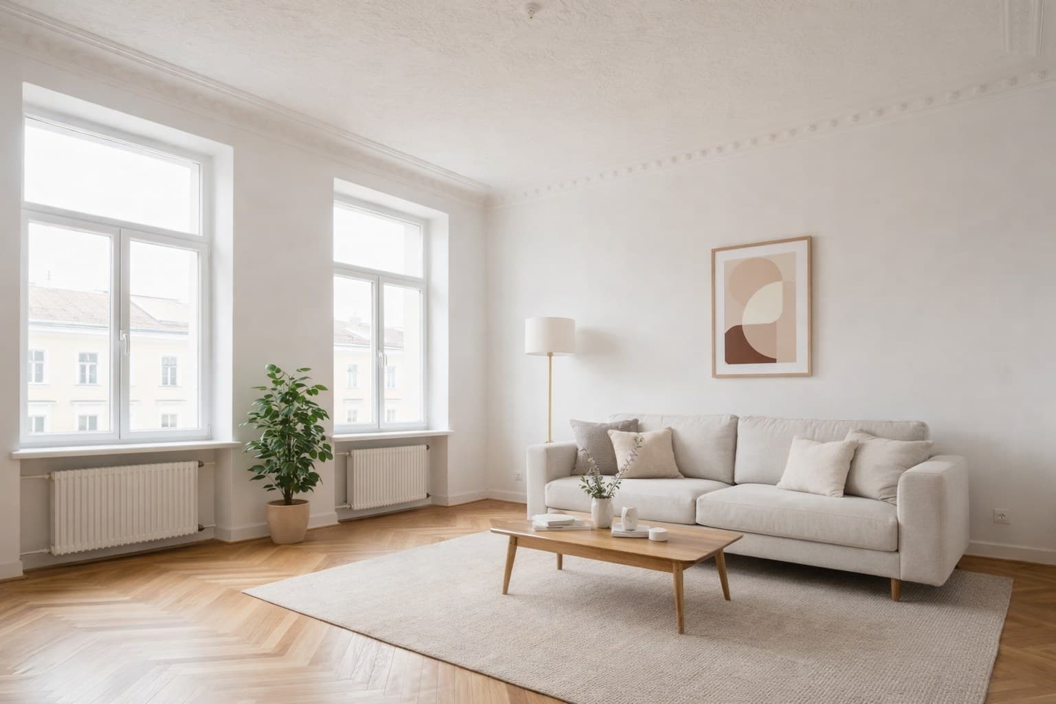 Dasselbe Berliner Altbau-Wohnzimmer nach Virtual Staging mit skandinavischen Möbeln, Kunstdruck und Stehlampe