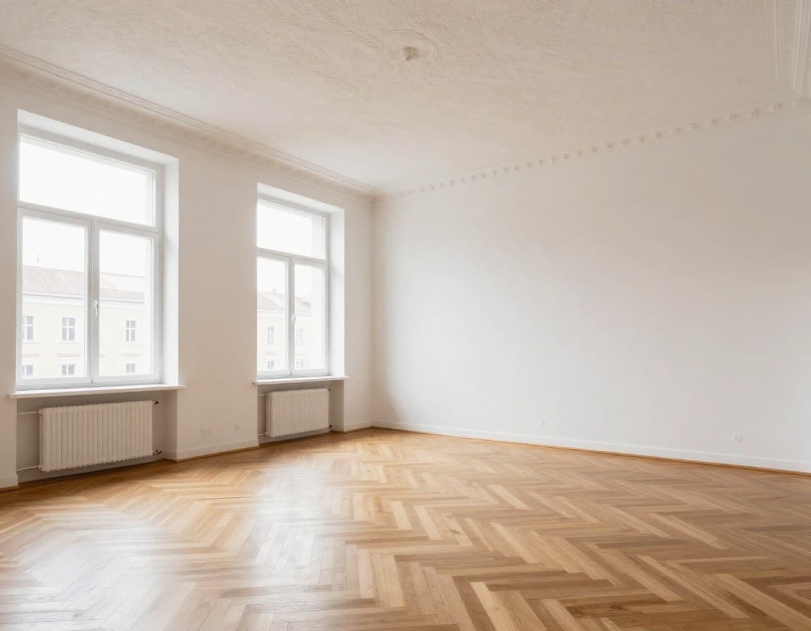 Leeres Berliner Altbau-Wohnzimmer mit Stuckdecke und Parkett — typisches Inserat-Foto ohne Staging