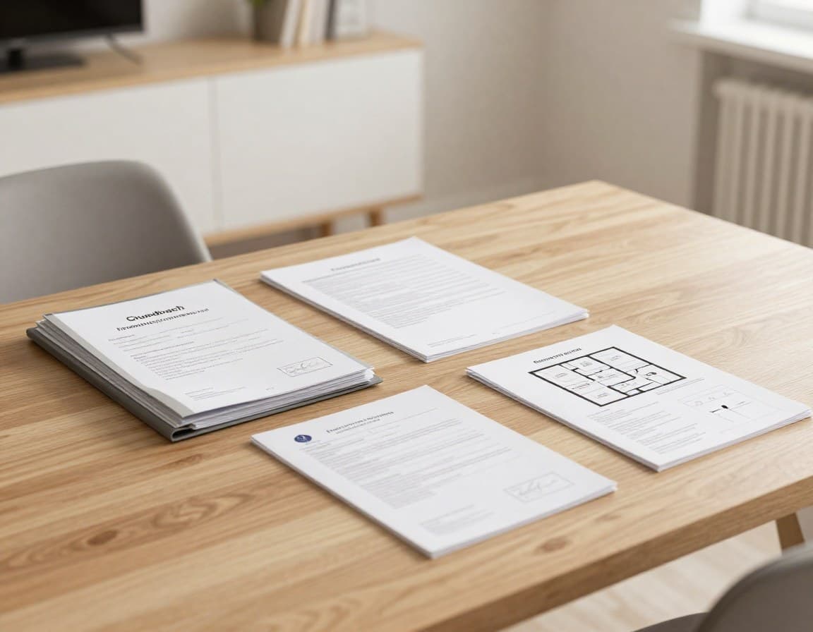 Organisierte Immobilienverkauf Unterlagen: Grundbuchauszug, Energieausweis und Grundriss auf einem Schreibtisch